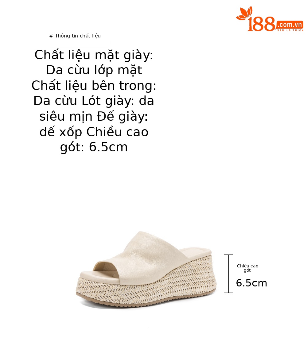 Dép sandal nữ quai ngang đế xuồng bệt gót thấp mũi hở chất liệu da cừu — màu trắng ngà, màu mơ chi tiết 3