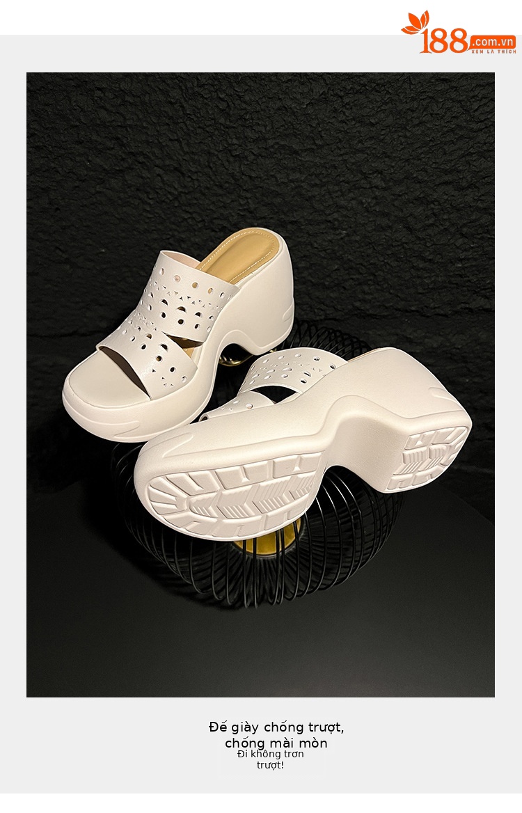 Sandal cao gót nữ hở mũi đế xuồng 10 cm, chất da bò thượng hạng, quai ngang thoáng khí — màu đen, màu trắng ngà chi tiết 5