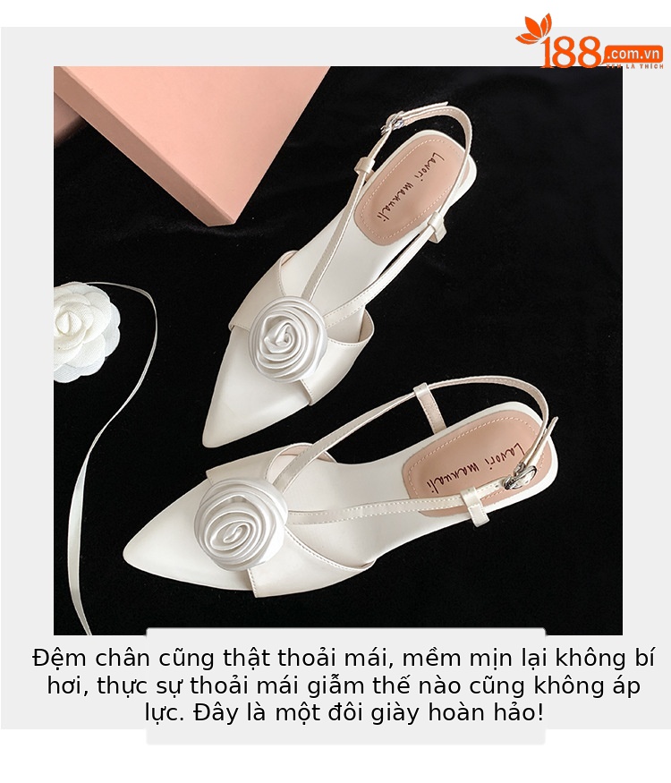 Sandal cao gót nữ quai ngang mũi nhọn hở mũi đế xuồng platform hoa sơn trà — màu hồng, màu trắng chi tiết 4