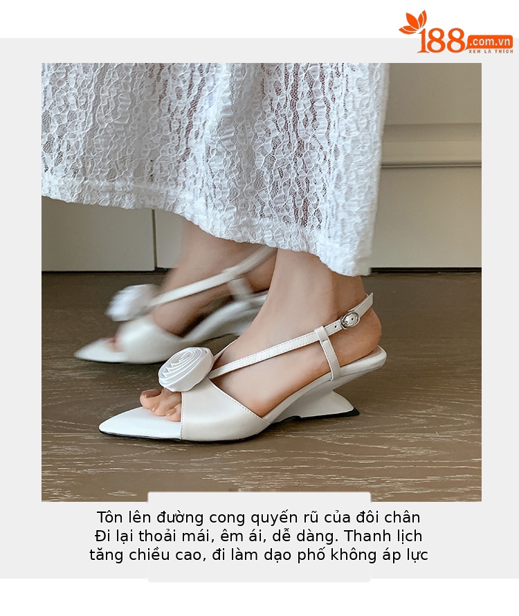 Sandal cao gót nữ quai ngang mũi nhọn hở mũi đế xuồng platform hoa sơn trà — màu hồng, màu trắng chi tiết 5