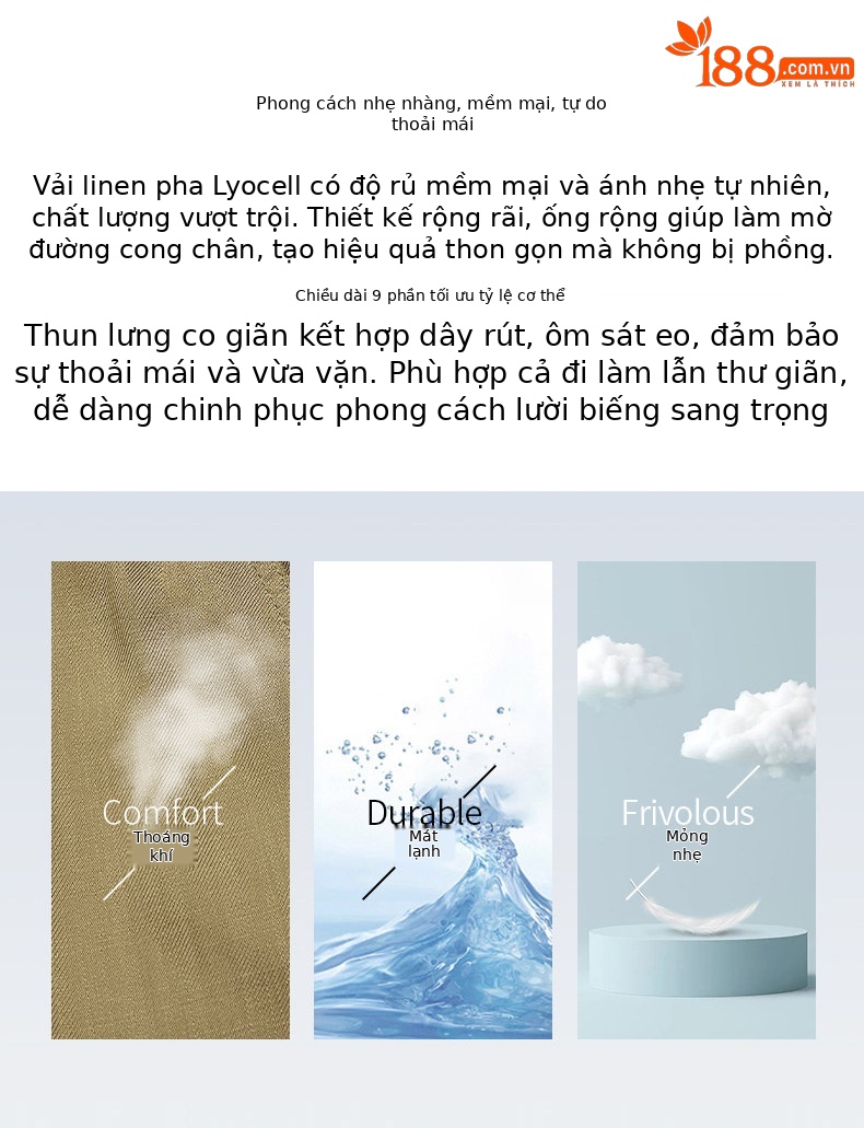 Quần culottes nữ ống rộng cạp cao vải lanh phối sợi tencel dáng suông ống thẳng — màu kaki chi tiết 2