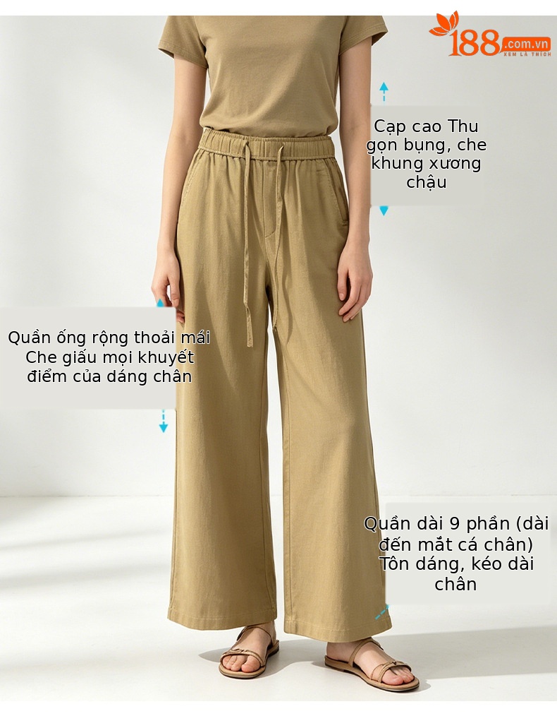 Quần culottes nữ ống rộng cạp cao vải lanh phối sợi tencel dáng suông ống thẳng — màu kaki chi tiết 5
