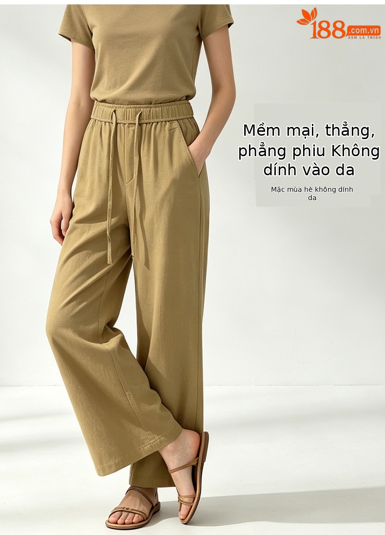 Quần culottes nữ ống rộng cạp cao vải lanh phối sợi tencel dáng suông ống thẳng — màu kaki chi tiết 7