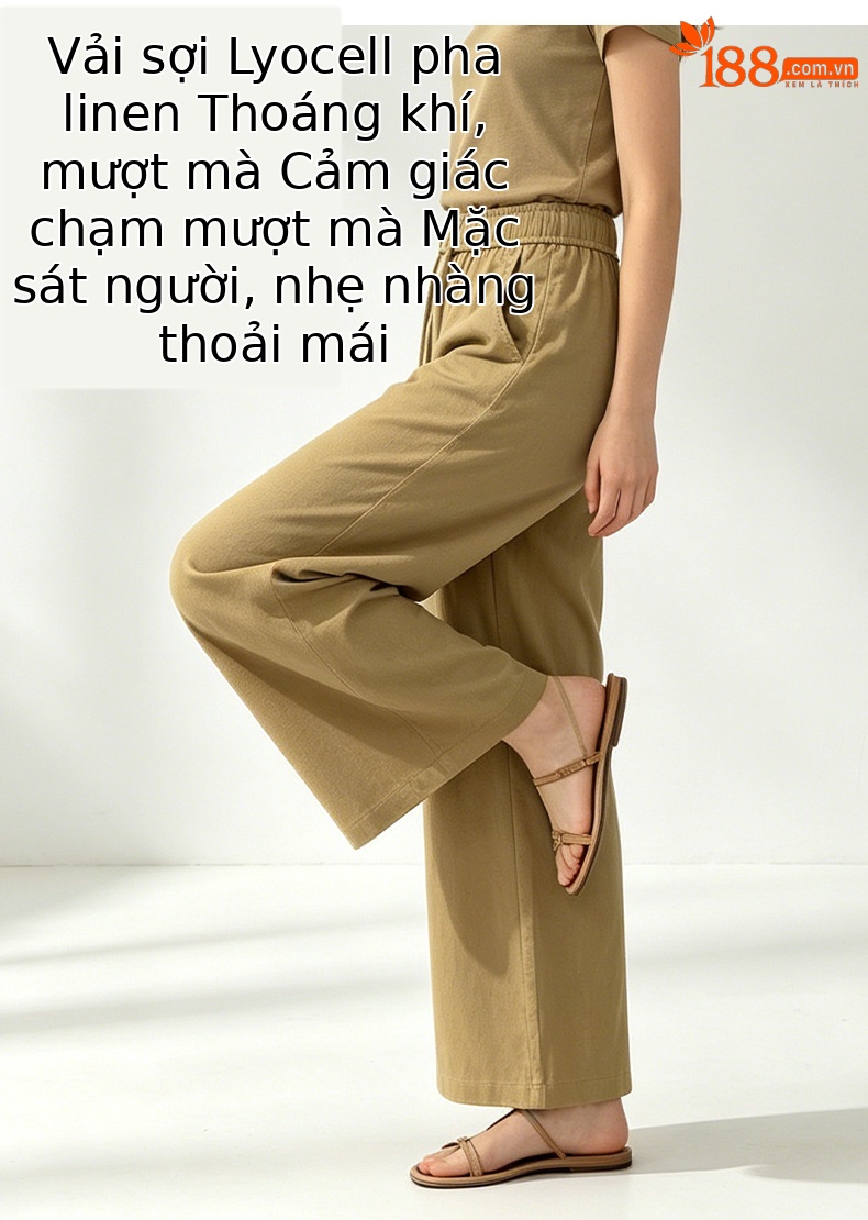 Quần culottes nữ ống rộng cạp cao vải lanh phối sợi tencel dáng suông ống thẳng — màu kaki chi tiết 8
