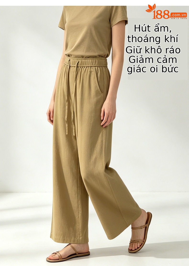 Quần culottes nữ ống rộng cạp cao vải lanh phối sợi tencel dáng suông ống thẳng — màu kaki chi tiết 9