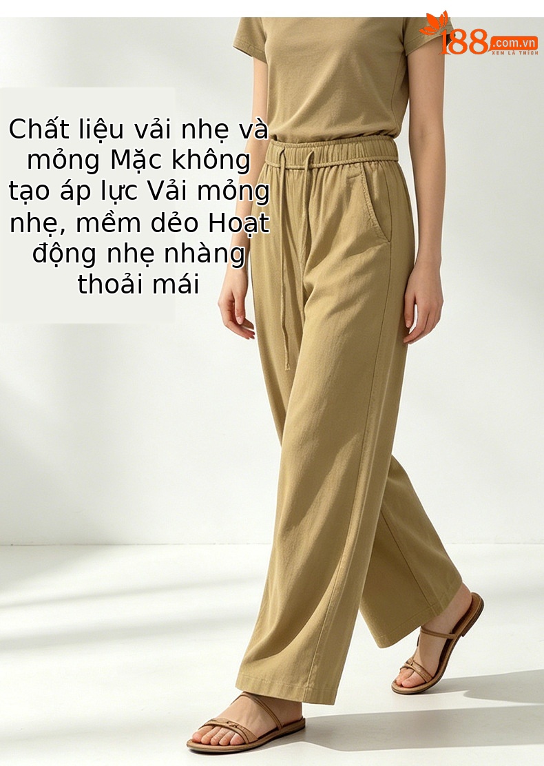 Quần culottes nữ ống rộng cạp cao vải lanh phối sợi tencel dáng suông ống thẳng — màu kaki chi tiết 10