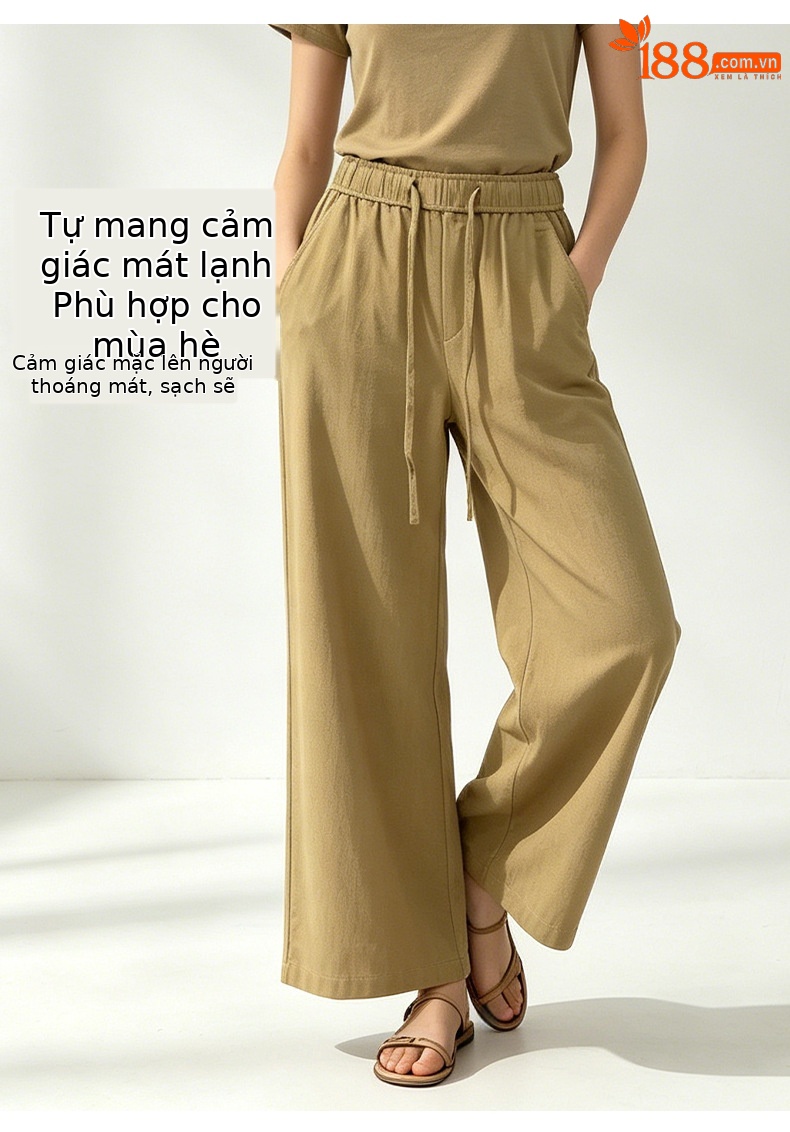 Quần culottes nữ ống rộng cạp cao vải lanh phối sợi tencel dáng suông ống thẳng — màu kaki chi tiết 11