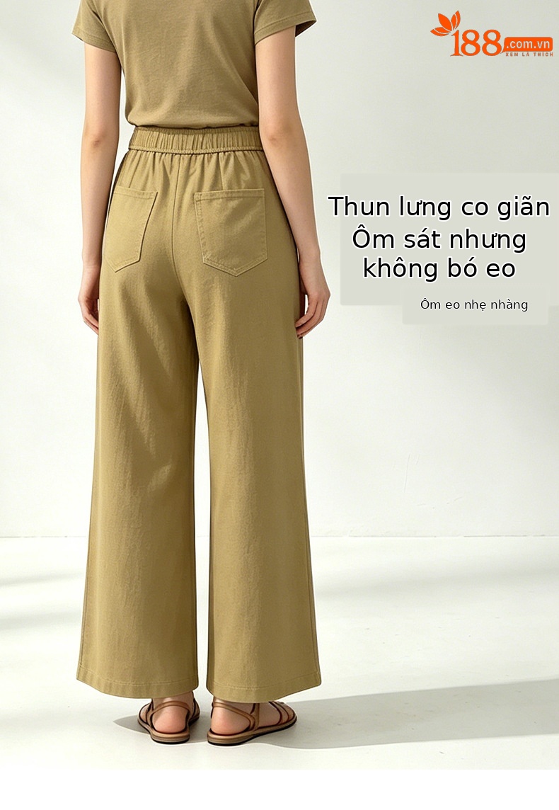 Quần culottes nữ ống rộng cạp cao vải lanh phối sợi tencel dáng suông ống thẳng — màu kaki chi tiết 12