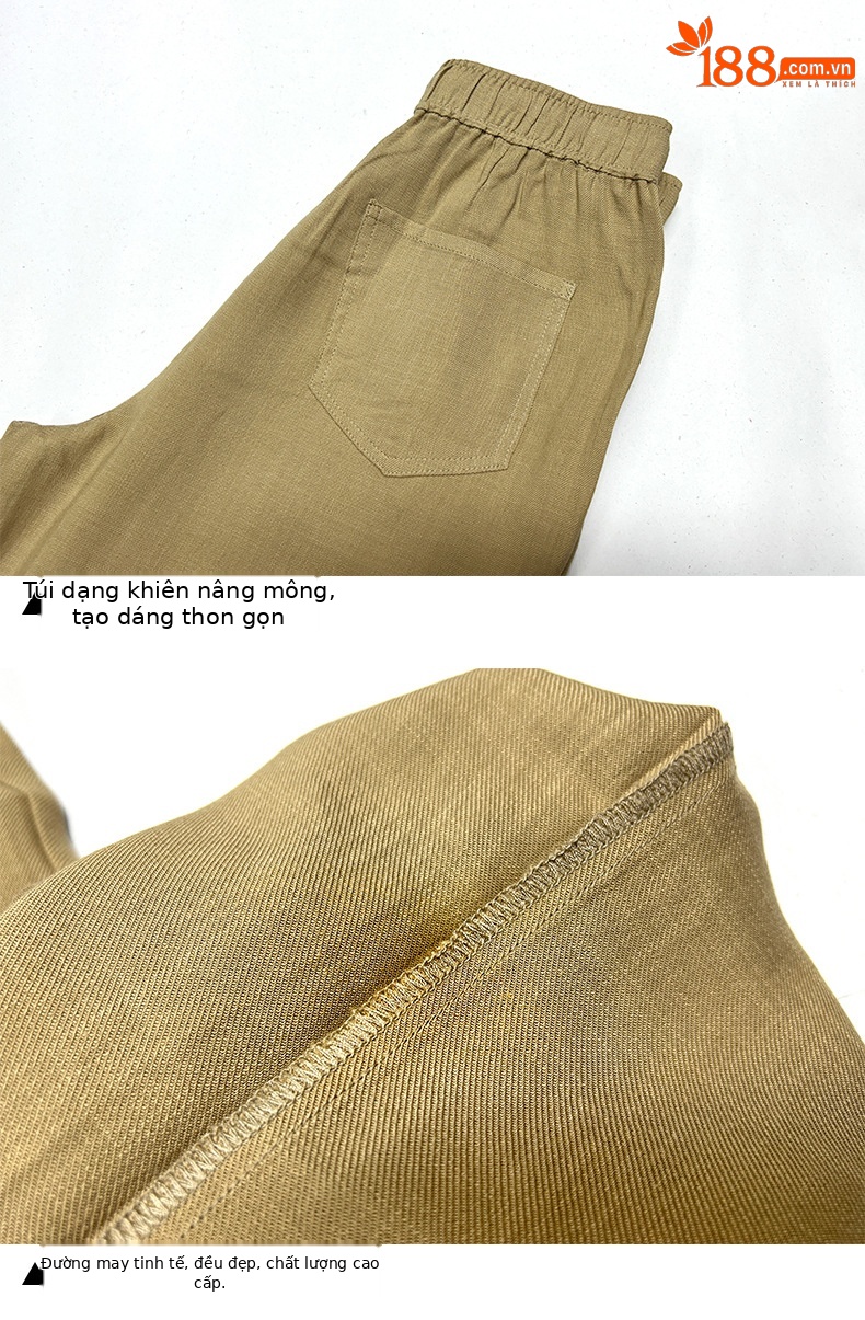 Quần culottes nữ ống rộng cạp cao vải lanh phối sợi tencel dáng suông ống thẳng — màu kaki chi tiết 14
