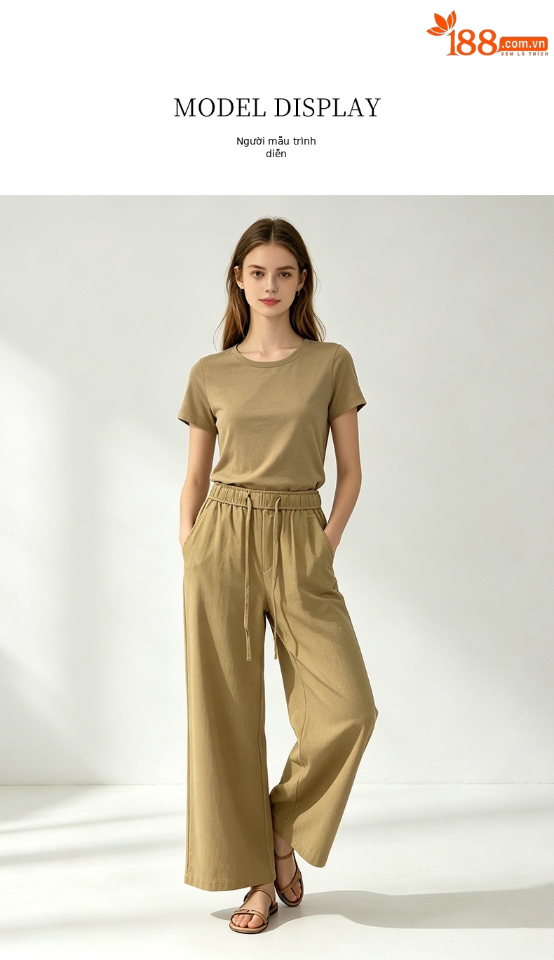 Quần culottes nữ ống rộng cạp cao vải lanh phối sợi tencel dáng suông ống thẳng — màu kaki chi tiết 15