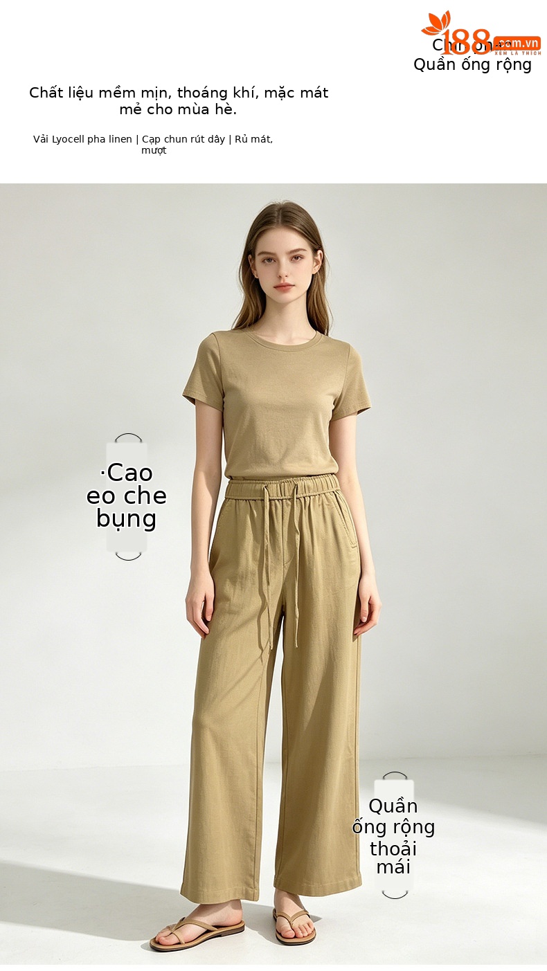 Quần culottes nữ ống rộng cạp cao vải lanh phối sợi tencel dáng suông ống thẳng — màu kaki chi tiết 1