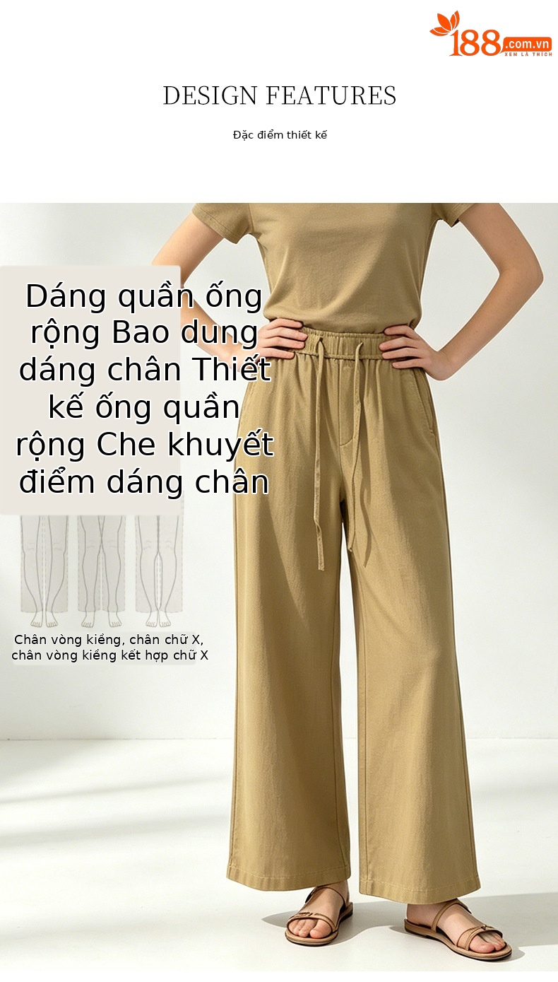 Quần culottes nữ ống rộng cạp cao vải lanh phối sợi tencel dáng suông ống thẳng — màu kaki chi tiết 6