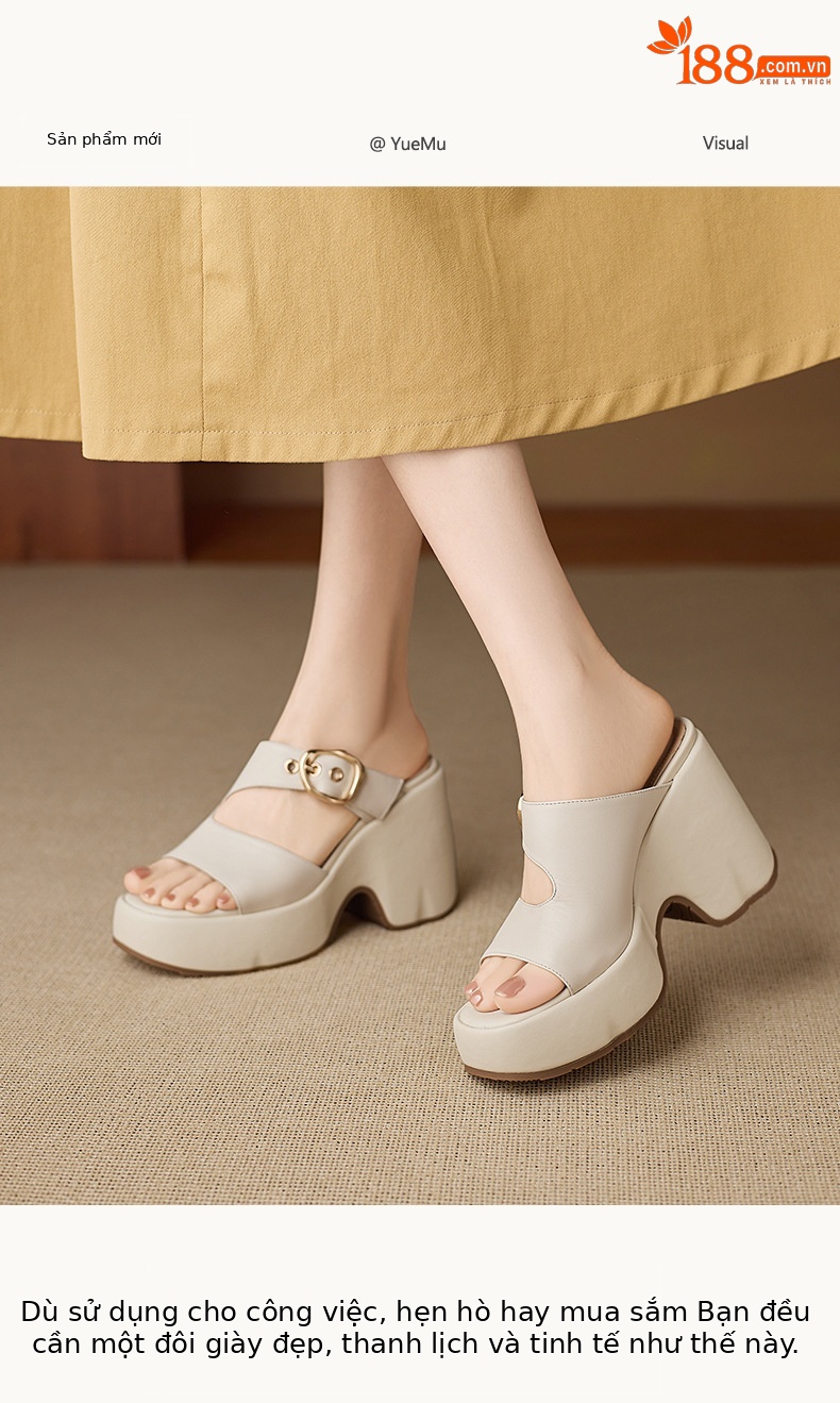 Dép sandal nữ đế xuồng cao 10cm da thật quai khóa mũi hở mùa hè — màu trắng ngà, màu mơ chi tiết 1