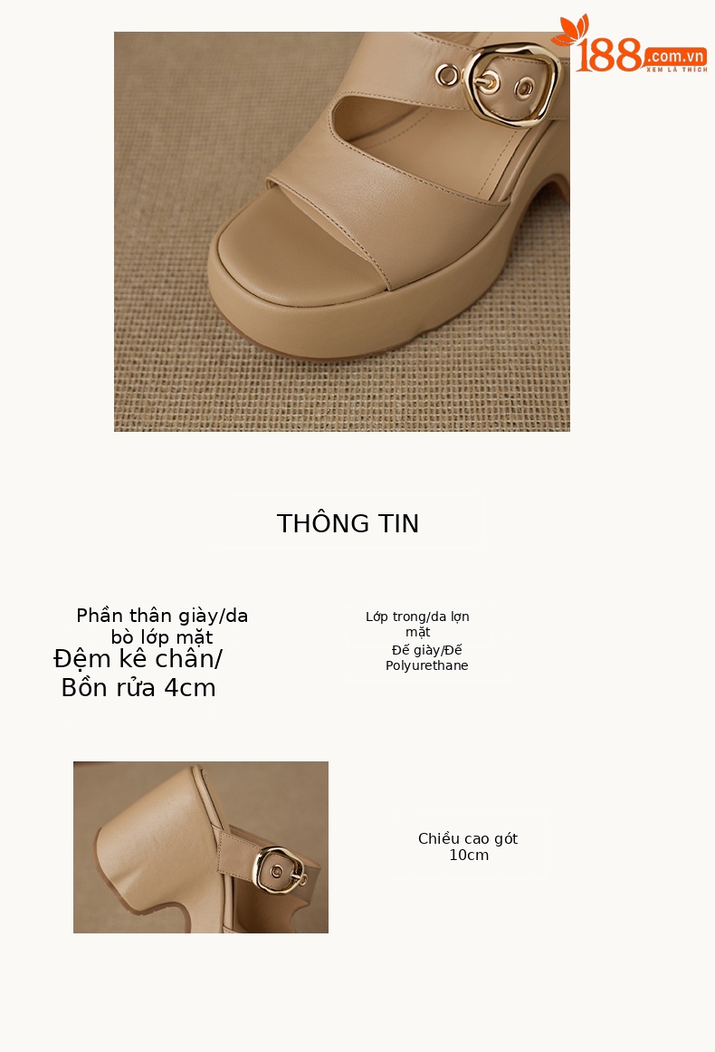 Dép sandal nữ đế xuồng cao 10cm da thật quai khóa mũi hở mùa hè — màu trắng ngà, màu mơ chi tiết 2