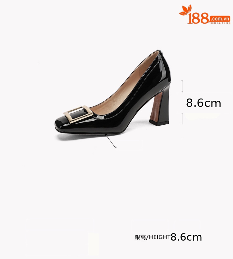 Giày cao gót nữ gót vuông mũi vuông cổ điển, gót 8.6 cm, phong cách Hàn Quốc — đen chi tiết 2