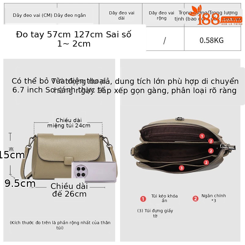 Túi đeo chéo da bò thật nữ dáng vuông phong cách Hàn Quốc — màu nâu