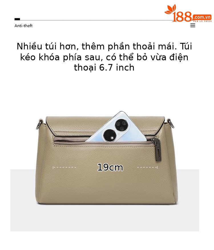 Túi đeo chéo da bò thật nữ dáng vuông phong cách Hàn Quốc — màu nâu chi tiết 7
