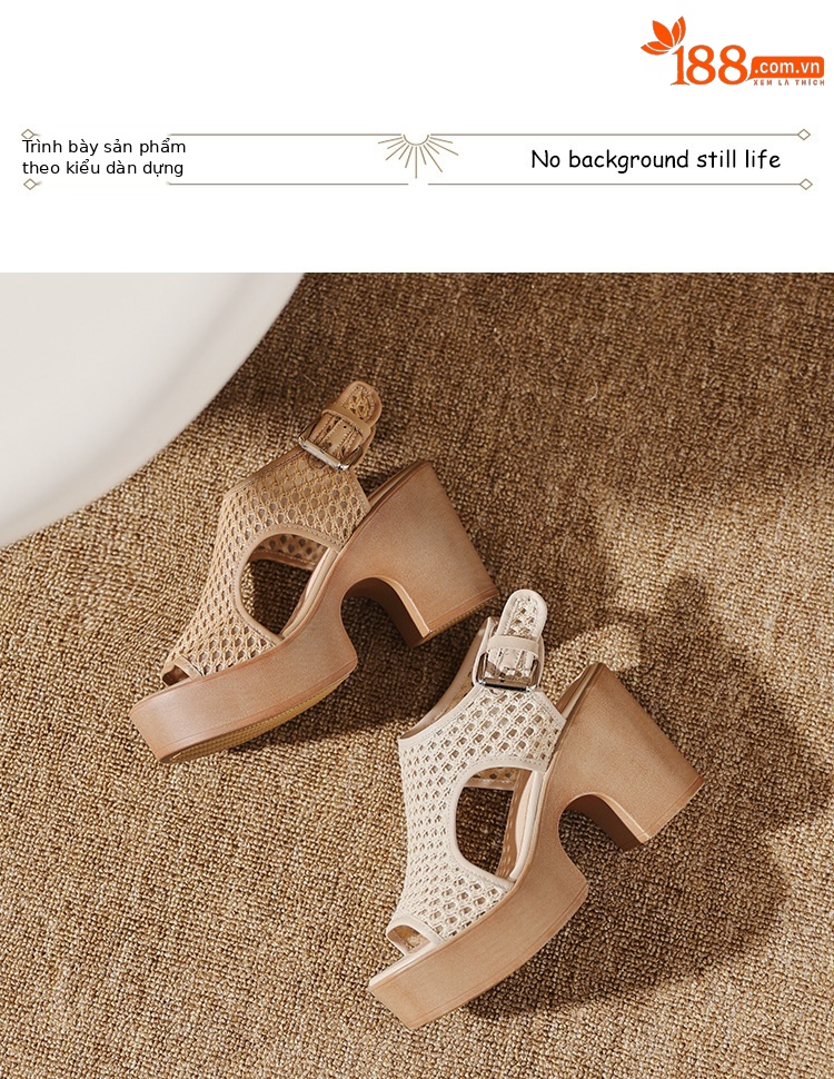Sandal cao gót nữ mũi hở lưới xuyên thấu, đế xuồng dày, gót thô, phong cách La Mã — màu trắng ngà, màu mơ chi tiết 12