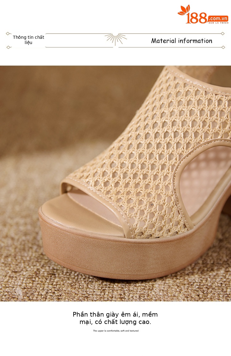 Sandal cao gót nữ mũi hở lưới xuyên thấu, đế xuồng dày, gót thô, phong cách La Mã — màu trắng ngà, màu mơ chi tiết 15