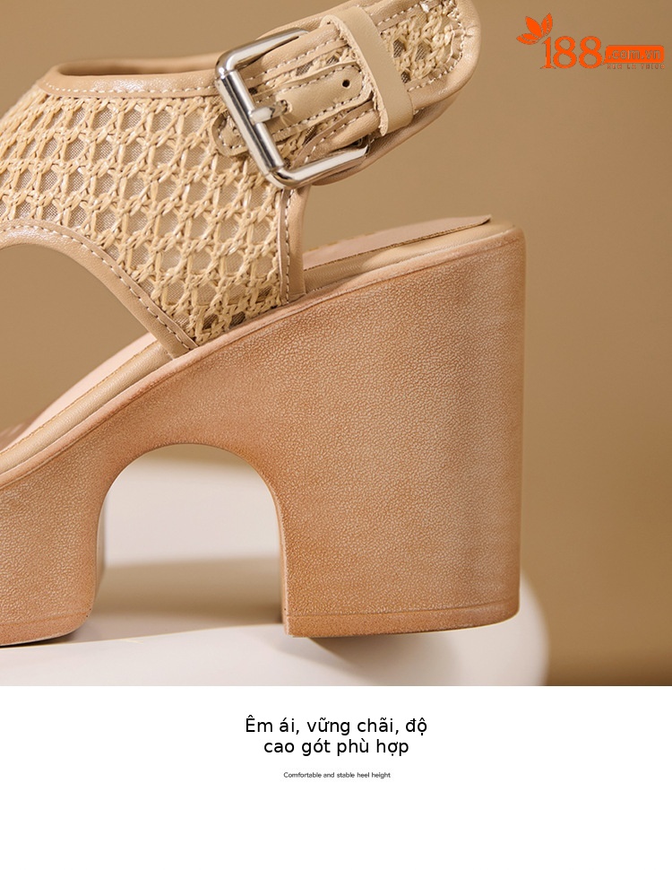 Sandal cao gót nữ mũi hở lưới xuyên thấu, đế xuồng dày, gót thô, phong cách La Mã — màu trắng ngà, màu mơ chi tiết 16