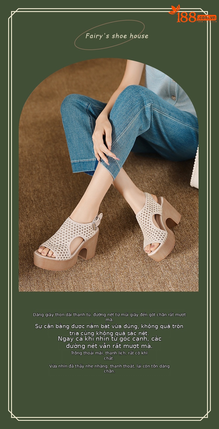 Sandal cao gót nữ mũi hở lưới xuyên thấu, đế xuồng dày, gót thô, phong cách La Mã — màu trắng ngà, màu mơ chi tiết 1