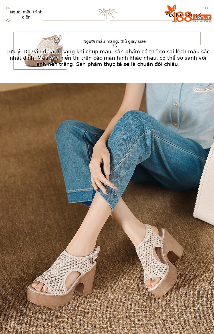 Sandal cao gót nữ mũi hở lưới xuyên thấu, đế xuồng dày, gót thô, phong cách La Mã — màu trắng ngà, màu mơ chi tiết 4