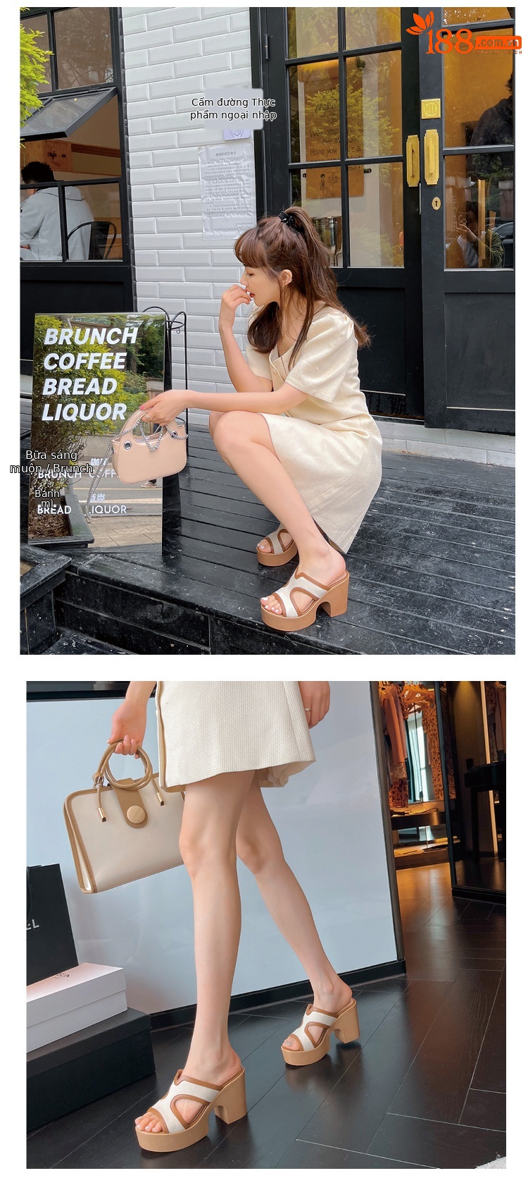 Dép sandal nữ quai chữ V da bò cao cấp đế xuồng dày, gót thô hở mũi, mùa hè — màu kaki chi tiết 4