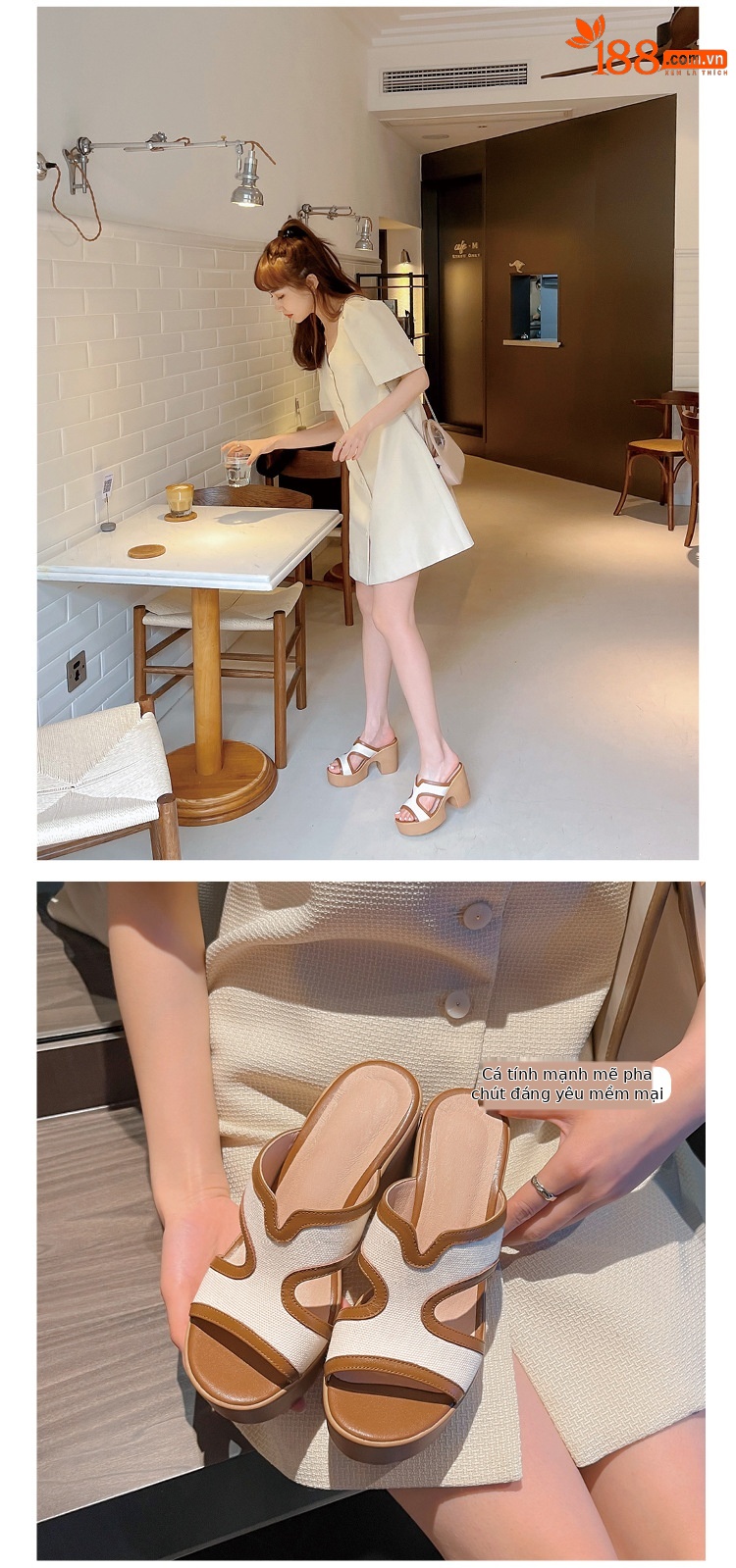 Dép sandal nữ quai chữ V da bò cao cấp đế xuồng dày, gót thô hở mũi, mùa hè — màu kaki chi tiết 5