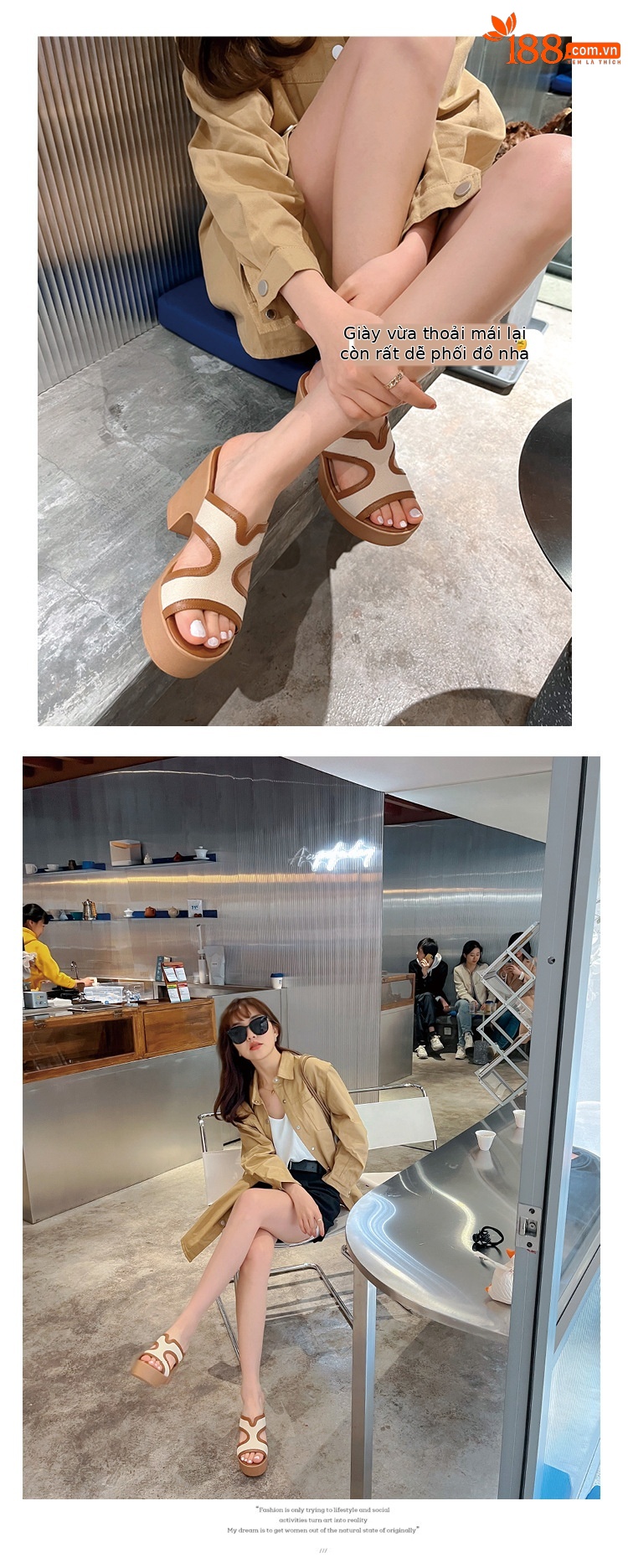 Dép sandal nữ quai chữ V da bò cao cấp đế xuồng dày, gót thô hở mũi, mùa hè — màu kaki chi tiết 9