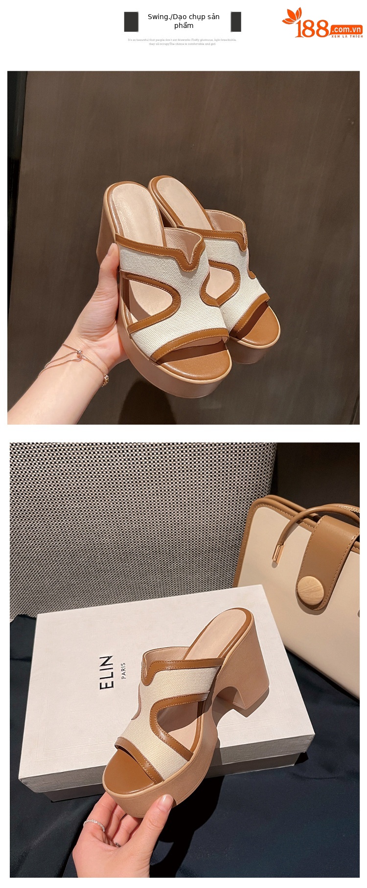 Dép sandal nữ quai chữ V da bò cao cấp đế xuồng dày, gót thô hở mũi, mùa hè — màu kaki chi tiết 13