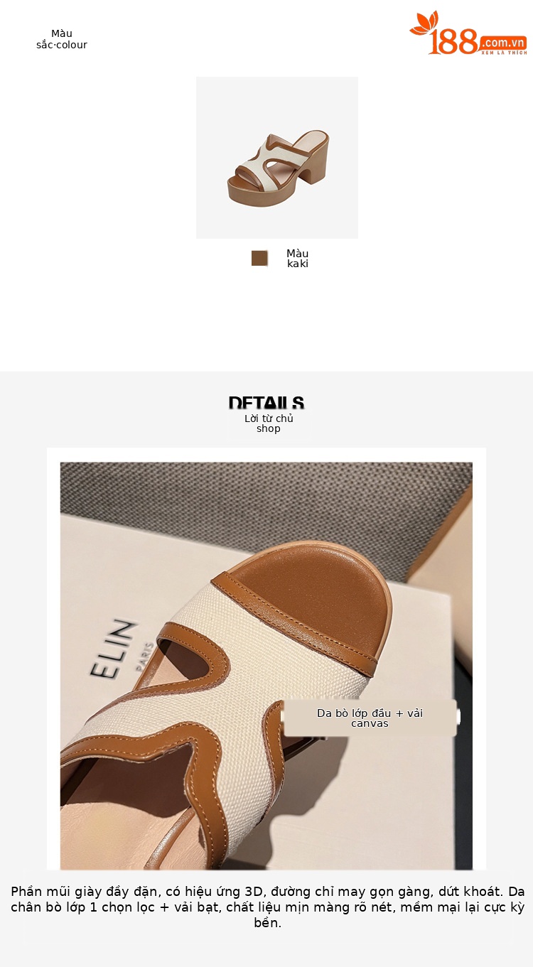 Dép sandal nữ quai chữ V da bò cao cấp đế xuồng dày, gót thô hở mũi, mùa hè — màu kaki chi tiết 2