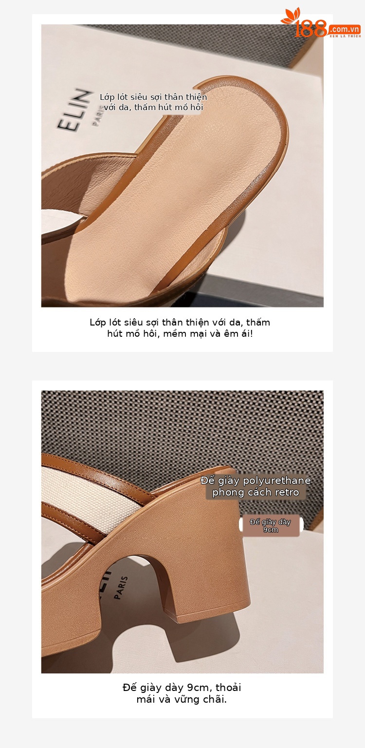 Dép sandal nữ quai chữ V da bò cao cấp đế xuồng dày, gót thô hở mũi, mùa hè — màu kaki chi tiết 3