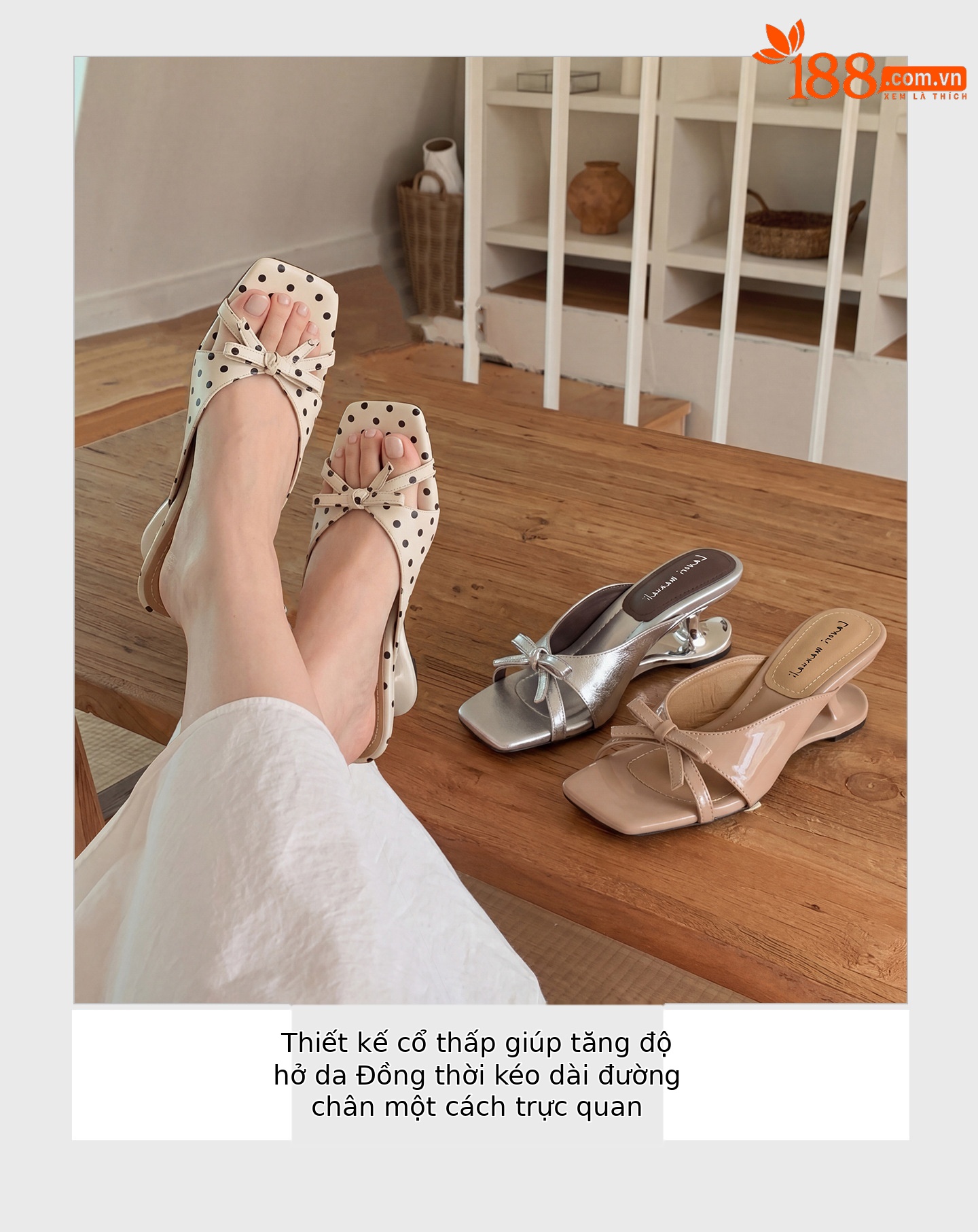 Sandal cao gót nữ mũi vuông da cừu nơ bướm đế mềm — Trần truồng hồng, Trắng chấm bi, bạc chi tiết 4