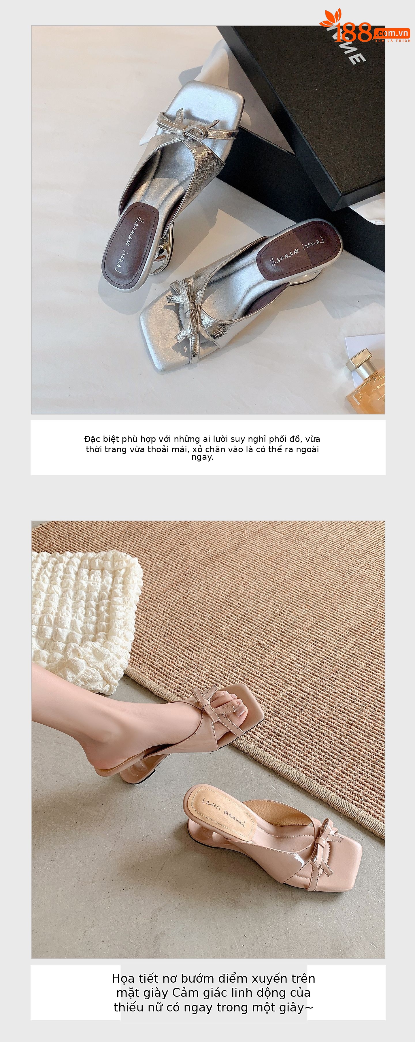 Sandal cao gót nữ mũi vuông da cừu nơ bướm đế mềm — Trần truồng hồng, Trắng chấm bi, bạc chi tiết 7