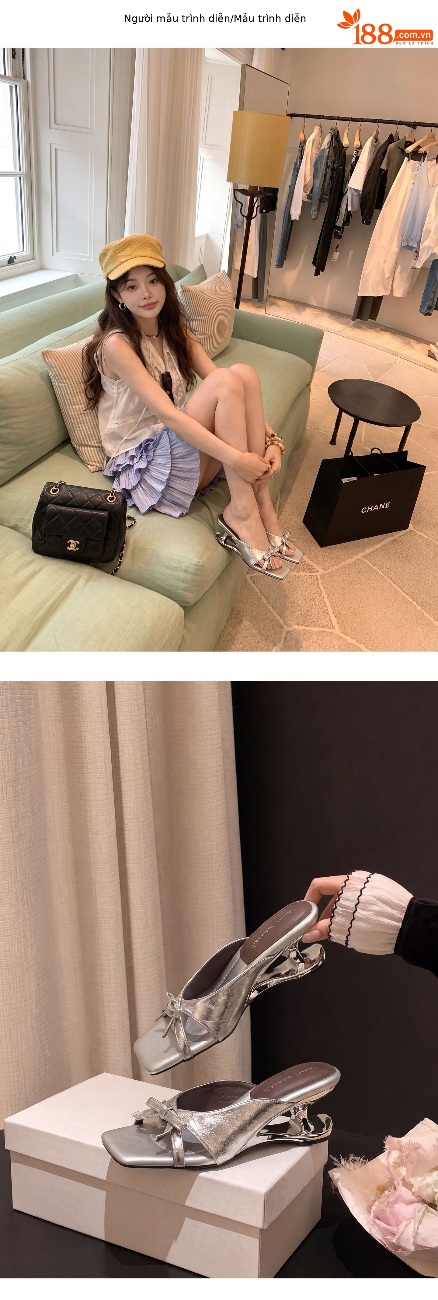 Sandal cao gót nữ mũi vuông da cừu nơ bướm đế mềm — Trần truồng hồng, Trắng chấm bi, bạc chi tiết 8