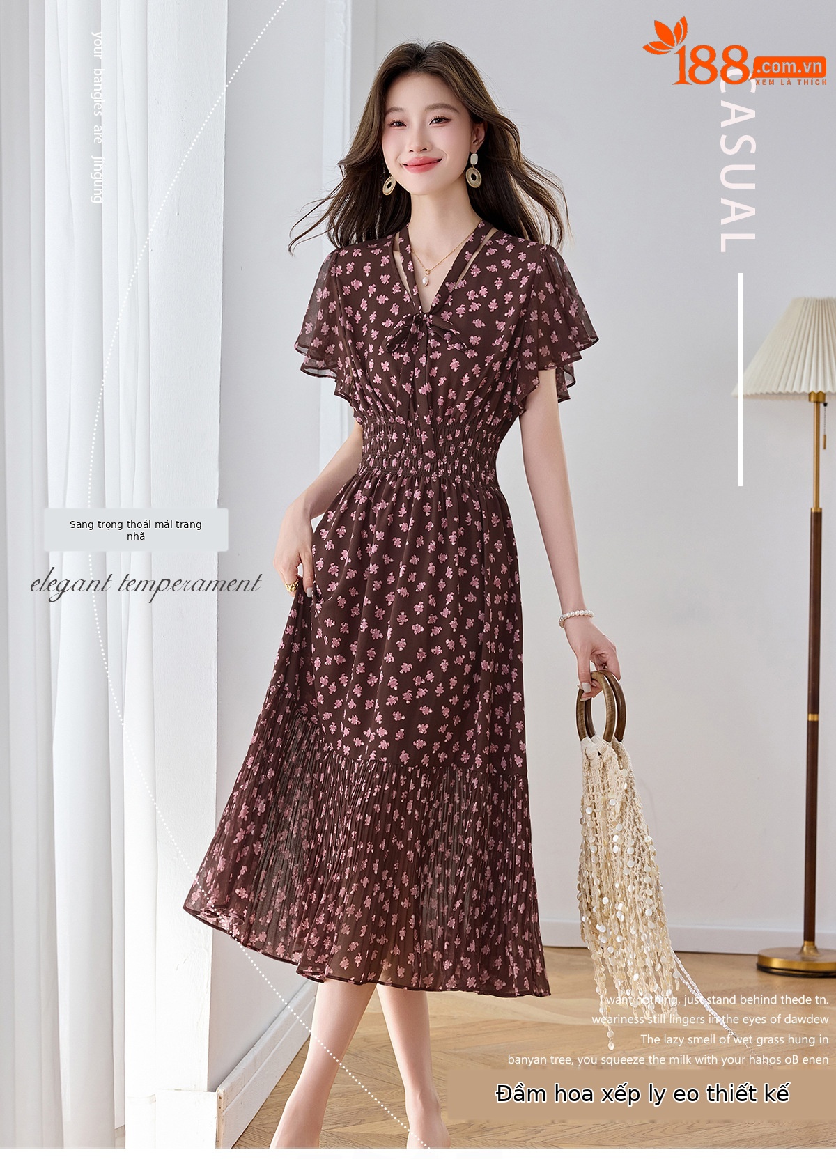 Đầm maxi nữ họa tiết hoa nhí thắt eo dáng chữ A dài quá gối — màu đen, màu hồng chi tiết 1