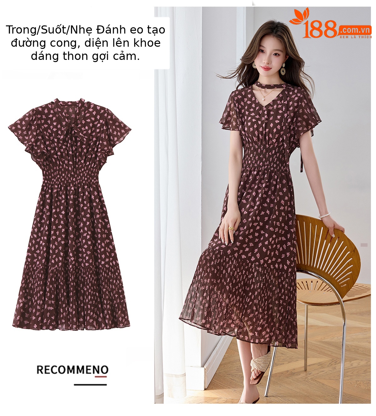 Đầm maxi nữ họa tiết hoa nhí thắt eo dáng chữ A dài quá gối — màu đen, màu hồng chi tiết 4