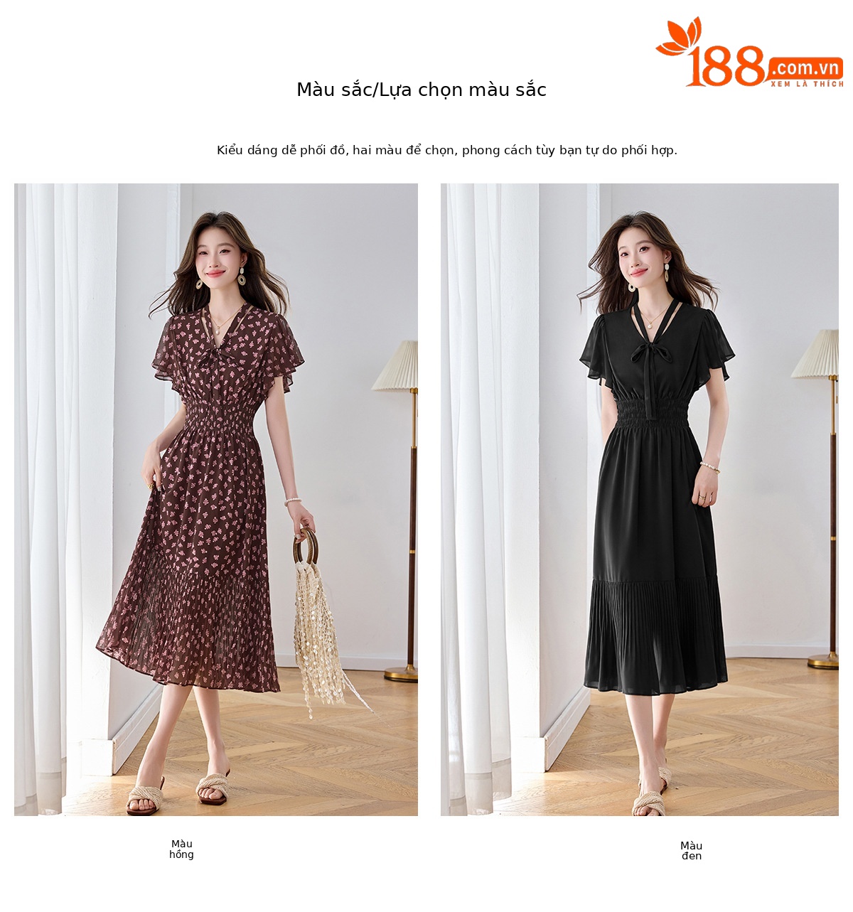 Đầm maxi nữ họa tiết hoa nhí thắt eo dáng chữ A dài quá gối — màu đen, màu hồng chi tiết 8