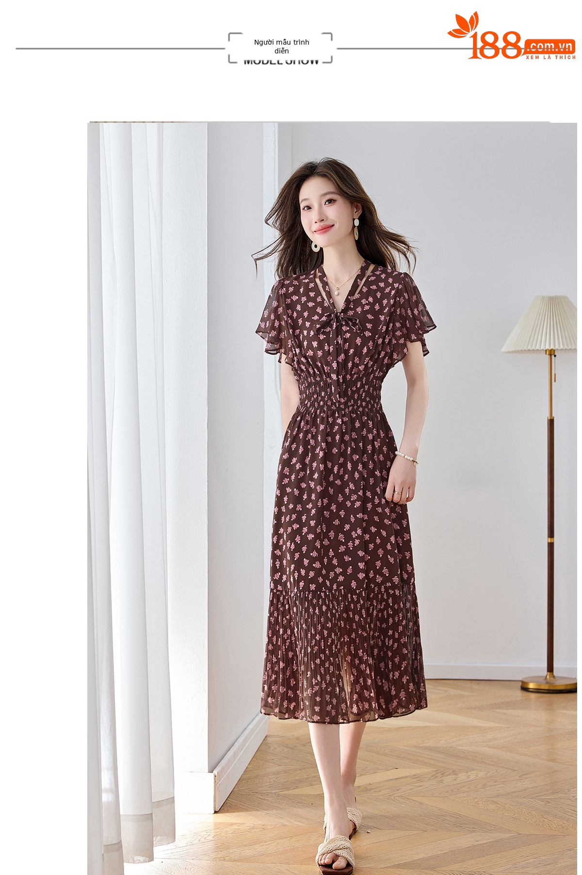 Đầm maxi nữ họa tiết hoa nhí thắt eo dáng chữ A dài quá gối — màu đen, màu hồng chi tiết 10