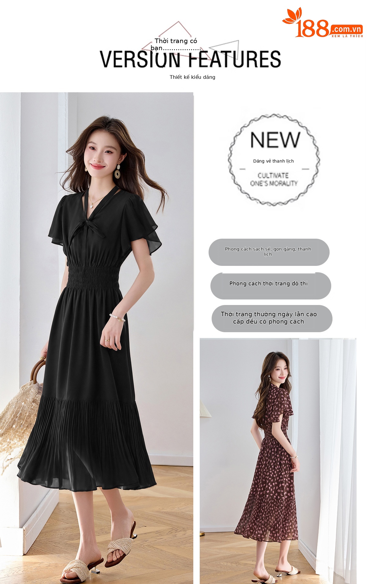 Đầm maxi nữ họa tiết hoa nhí thắt eo dáng chữ A dài quá gối — màu đen, màu hồng chi tiết 5