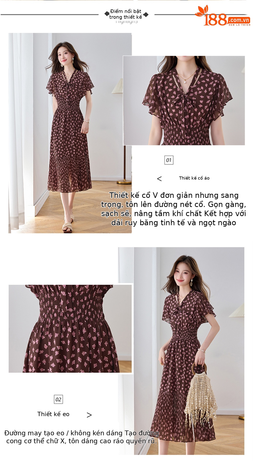 Đầm maxi nữ họa tiết hoa nhí thắt eo dáng chữ A dài quá gối — màu đen, màu hồng chi tiết 6