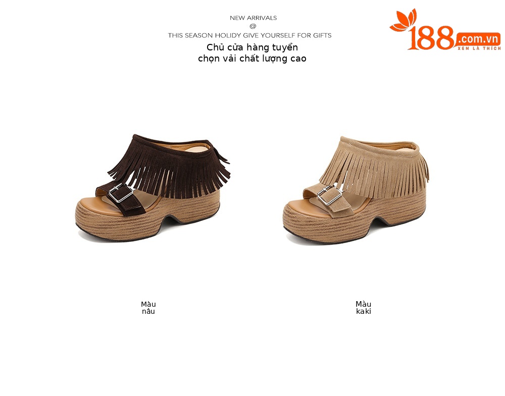 Dép sandal nữ quai ngang đế xuồng cao gót 9 cm phong cách retro tua rua — nâu sẫm, màu mơ chi tiết 4