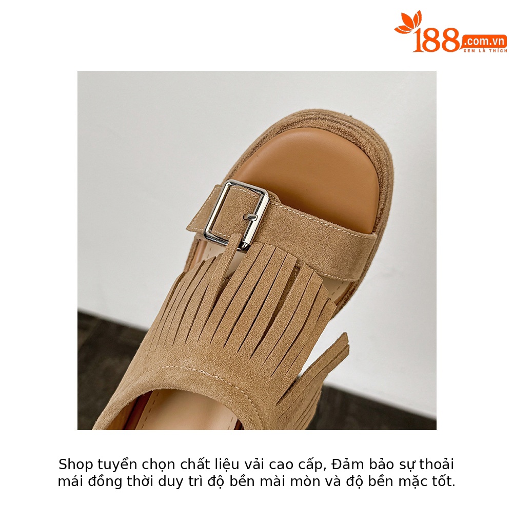 Dép sandal nữ quai ngang đế xuồng cao gót 9 cm phong cách retro tua rua — nâu sẫm, màu mơ chi tiết 17