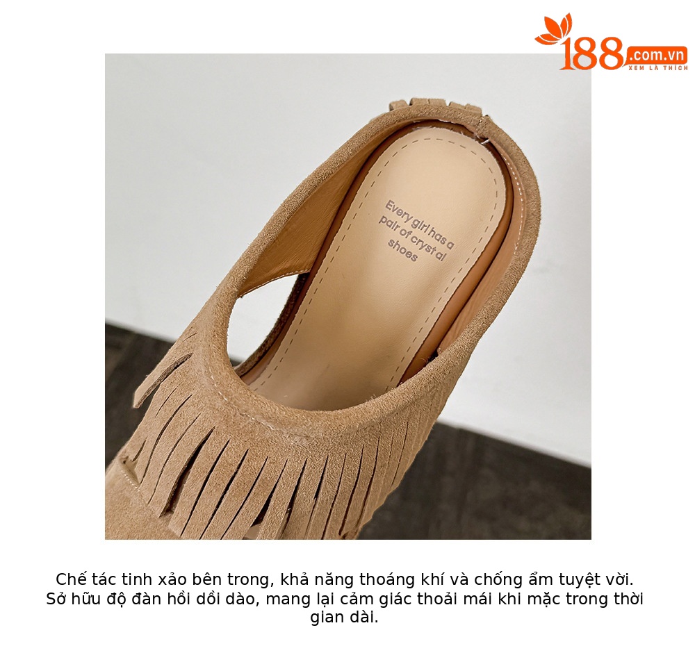 Dép sandal nữ quai ngang đế xuồng cao gót 9 cm phong cách retro tua rua — nâu sẫm, màu mơ chi tiết 18