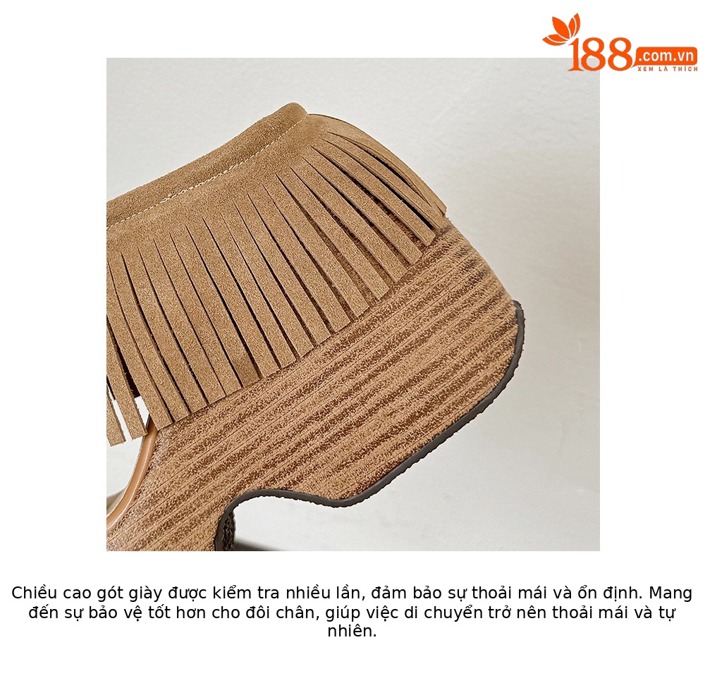 Dép sandal nữ quai ngang đế xuồng cao gót 9 cm phong cách retro tua rua — nâu sẫm, màu mơ chi tiết 19