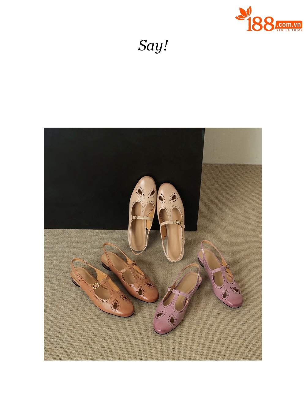 Sandal nữ quai ngang mũi kín da bò cổ điển gót thấp — màu nâu chi tiết 3