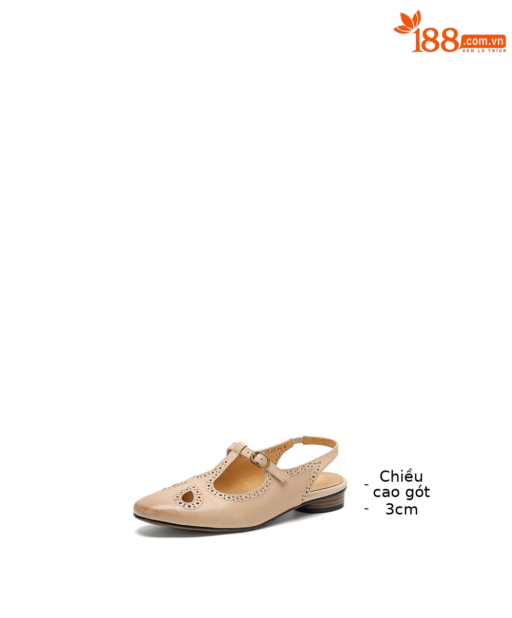 Sandal nữ quai ngang mũi kín da bò cổ điển gót thấp — màu nâu chi tiết 4
