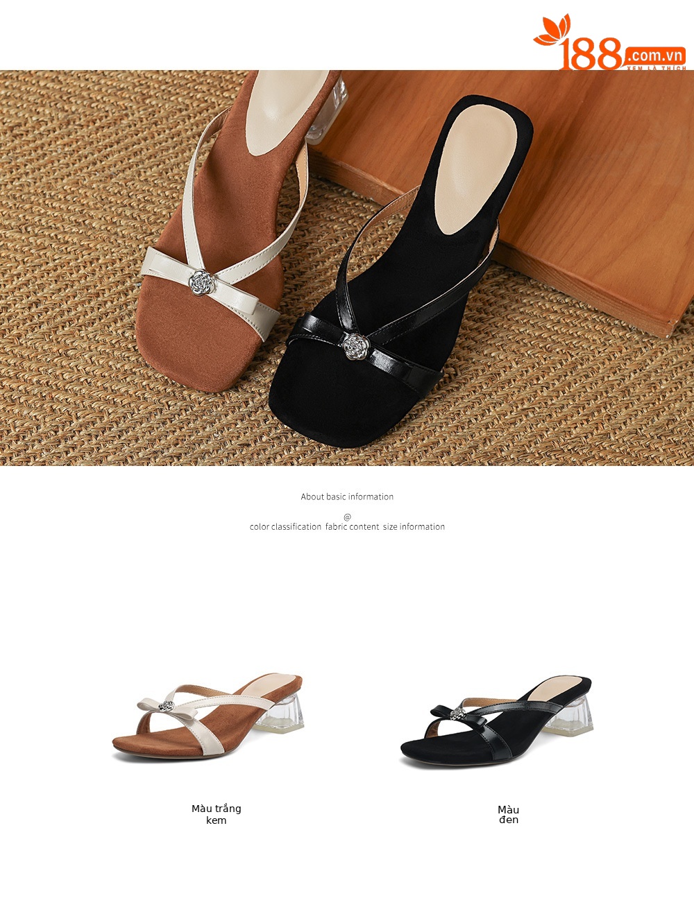 Sandal cao gót nữ mũi vuông hở ngón, quai ngang đính nơ, gót trong suốt 7 cm — màu đen, màu trắng ngà chi tiết 4