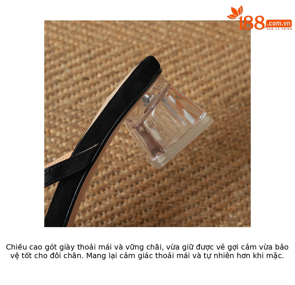 Sandal cao gót nữ mũi vuông hở ngón, quai ngang đính nơ, gót trong suốt 7 cm — màu đen, màu trắng ngà chi tiết 18