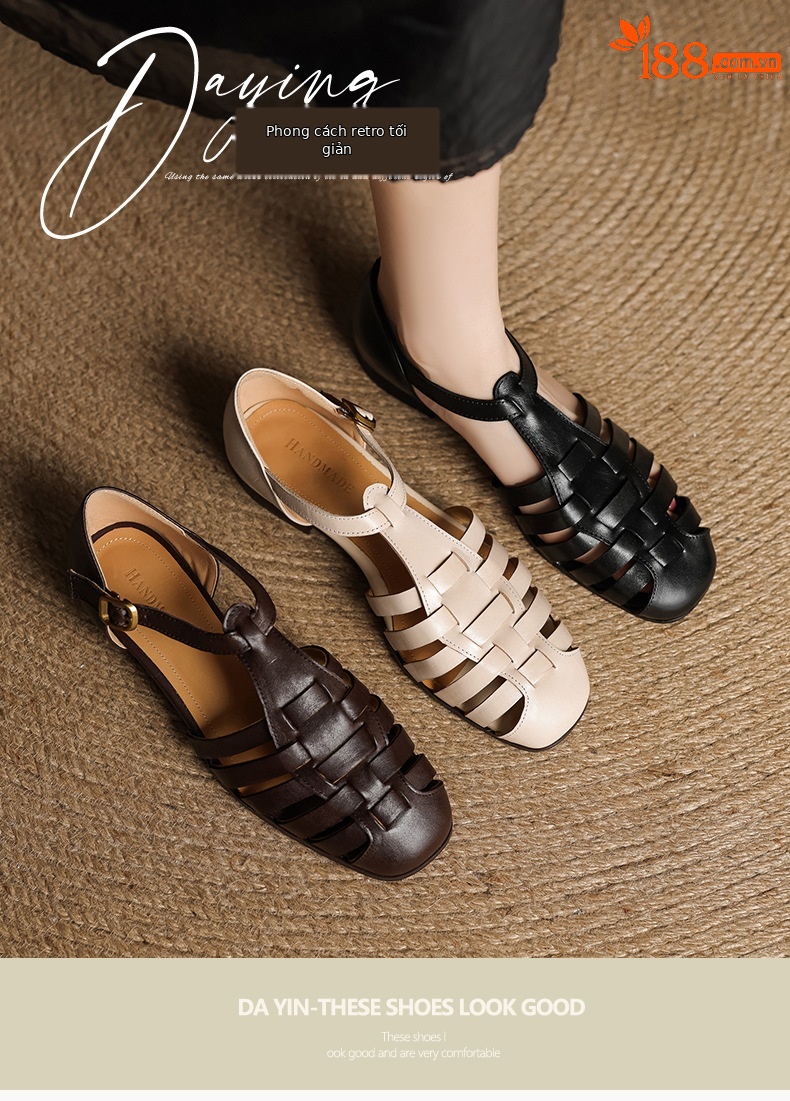 Sandal nữ da bò dệt rỗng quai chữ T phong cách Anh, mũi tròn đế bệt La Mã — màu nâu chi tiết 1